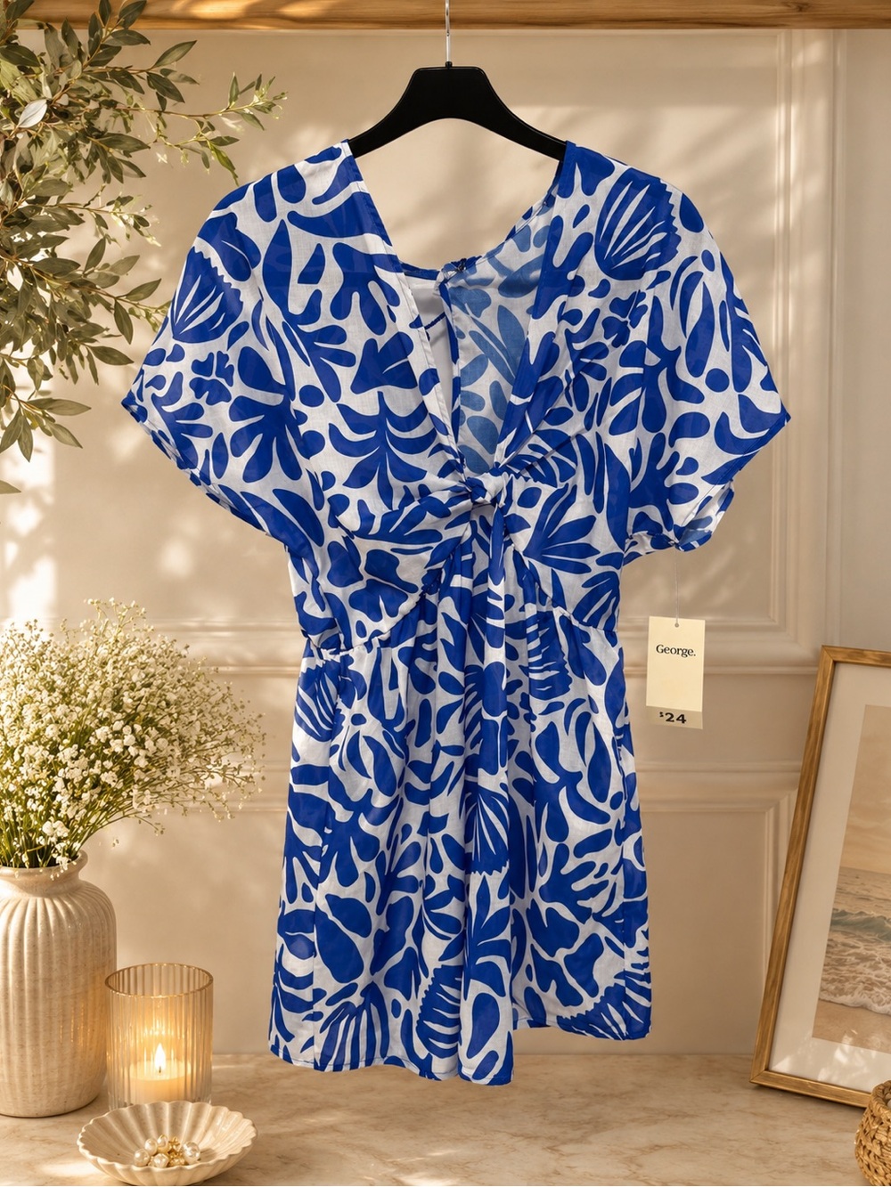 George Summer Dress Women’s Medium Blue White Floral – Lightweight Casual Beach